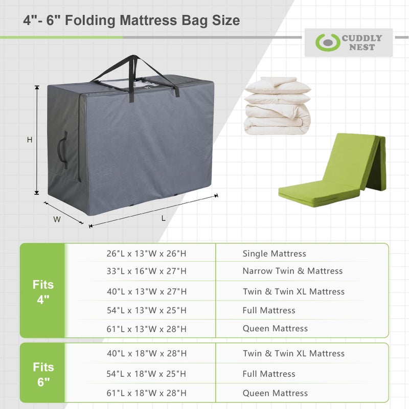 Cuddly Nest Folding Mattress Storage Bag - Heavy Duty Carry Case for Tri-Fold Guest Bed (Fits 6" Queen Mattress,Grey) - Image 2